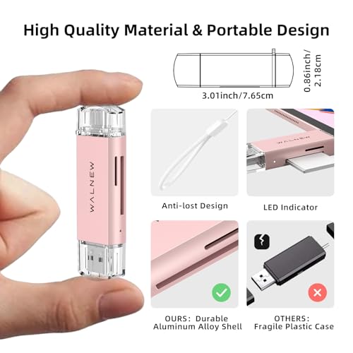 WALNEW SD Card Reader, USB 3.0 & USB-C SD/TF Memory Card Adapter | Supports UHS-I SD/SDHC/SDXC/MicroSD, Compatible with MacBook, PC, iPad, iPhone 15, Samsung Galaxy Android - color: Pink