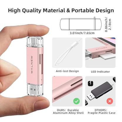 WALNEW SD Card Reader, USB 3.0 & USB-C SD/TF Memory Card Adapter | Supports UHS-I SD/SDHC/SDXC/MicroSD, Compatible with MacBook, PC, iPad, iPhone 15, Samsung Galaxy Android - color: Pink