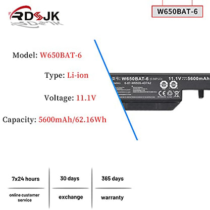 W650BAT-6 Battery for Clevo W650S W650SB W650SH W650SZ W651SC W655SF W655SJ W670SR Hasee K610C K650D K570N K710C K590C K750D 6-87-W650S-4E7 6-87-W650S-4D4A2 6-87-W650S-4D4A5 W670SJQ W665SZ 62.16Wh