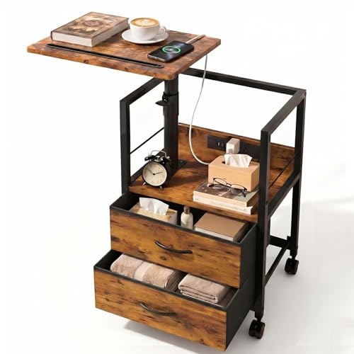 Faesun Swivel Lift Top Nightstand with Charging Station, Rolling Side Table for Recliner, Bedside Table with Wheels & 2 Fabric Drawers, for Small Spaces, for Bedroom, Living Room, Brown - color: 03 - Brown, size: 2 Drawers
