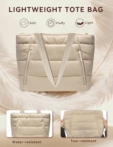 Puffer Tote Bag for Women, Nurse, Large Quilted Shoulder Bag with Cup Holder & Laptop Compartment for Work, Travel, Gym - color: Camel