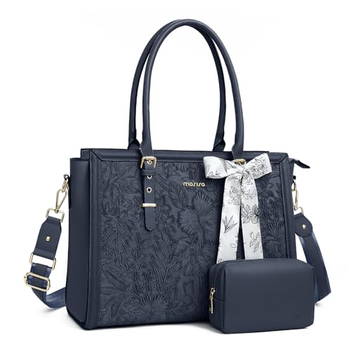 MOSISO Laptop Bag for Women, 15.6-16 inch PU Leather Tote Bag | Compatible with MacBook, HP,Dell,Asus, Front Embossed Retro Hibiscus Computer Bags with Silk Scarf&Clutch Purse, Haze Blue - color: Haze Blue, size: 16 inch