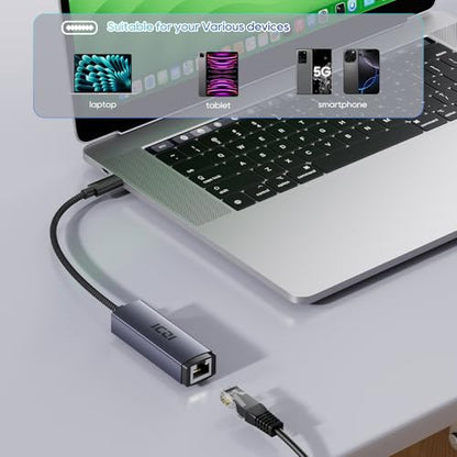 ICZI USB C to Ethernet Adapter, Plug and Play Gigabit USB C Network Adapter, Thunderbolt 4/3 to RJ45 Dongle, Aluminum Case Ethernet Adapter Compatible for MacBook Pro/Air, iPad, iPhone, XPS
