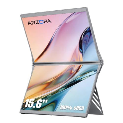 ARZOPA 15.6" Dual Portable Monitor for Laptop, Foldable Stackable FHD 1080P 100% sRGB IPS Extender, USB C & HDMI Connectivity, Adjustable Kickstand, for Mac PC Windows Gaming Office Travel-E1 Gray