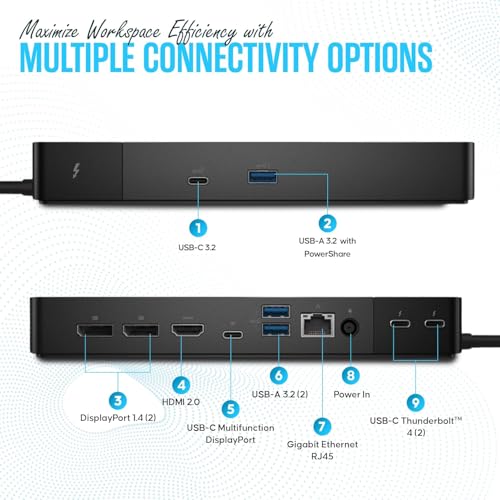 WD22TB4 Dell Thunderbolt 4 Dock 40Gbps USB-C/USB A - Dell Docking Station Dual Monitor with 180W, HDMI & DisplayPort Cable - Supports 4K Displays & Upto 3 Monitors (Renewed) | 13-Port Thunderbolt 4 Dock with 40Gbps Speed, 130W Power Delivery, 4K Multi-Mon