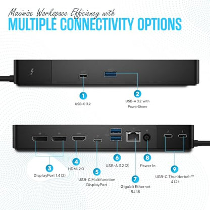 WD22TB4 Dell Thunderbolt 4 Dock 40Gbps USB-C/USB A - Dell Docking Station Dual Monitor with 180W, HDMI & DisplayPort Cable - Supports 4K Displays & Upto 3 Monitors (Renewed) | 13-Port Thunderbolt 4 Dock with 40Gbps Speed, 130W Power Delivery, 4K Multi-Mon
