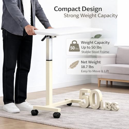 Adjustable Overbed Table with Wheels, Pneumatic Height Lift Rolling Bedside Table, Standing Desk for Home & Office Use, Ideal for Seniors & Limited Mobility(White) - color: White