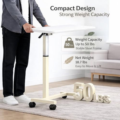 Adjustable Overbed Table with Wheels, Pneumatic Height Lift Rolling Bedside Table, Standing Desk for Home & Office Use, Ideal for Seniors & Limited Mobility(White) - color: White