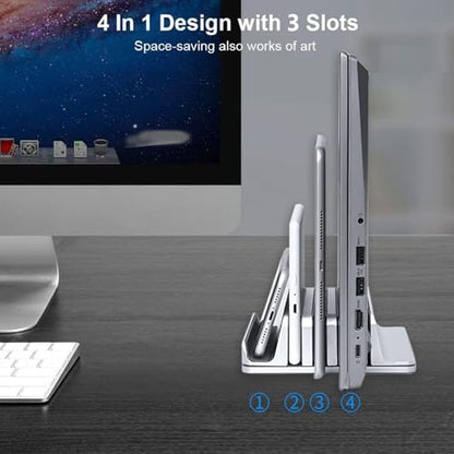 Vertical Laptop Stand 3 Slots [Updated Version], Desktop Stand Holder with Adjustable Dock, 4 in 1 Design Space-Saving Laptop Stand for Desk MacBook/Surface/Samsung/HP/Dell/Chrome Book