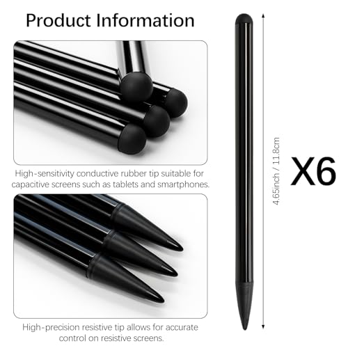 6-Pack Black Dual-Tip Stylus Pens – Universal Touchscreen Stylus Compatible with iPad, Samsung Galaxy, Smartphones & Resistive GPS Devices