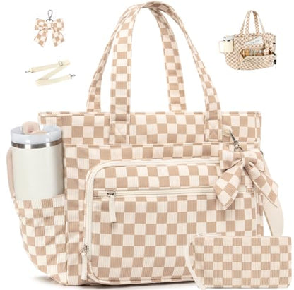 BTOOP Work Tote Bag for Women, Laptop Tote Bag With 15.6 Inch Padded Compartment, Teacher Nurse Bible Bags - color: Beige Checkered