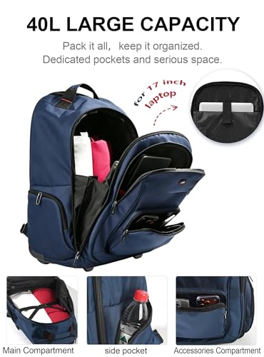 Rolling Backpack with Wheels, Roller Backpack for 17.3 Inch Laptop | 40L Water Resistant Wheeled Laptop Backpack, Flight Approved Carry on Luggage for Men Women Business Travel College, Black - color: Blue