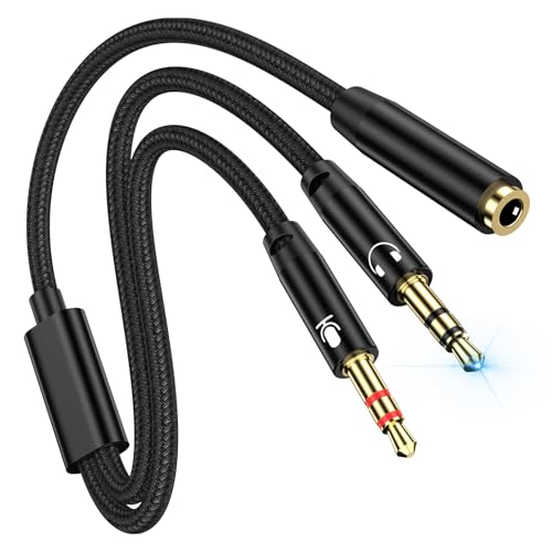 PC Headset Splitter Cable 3.5mm Mic AUX Audio Computer Headphone Microphone Splitter Compatible with Astro A10 A40, Turtle Beach, HyperX Cloud SteelSeries, Sennheiser, Razer Gaming Smartphone Headsets
