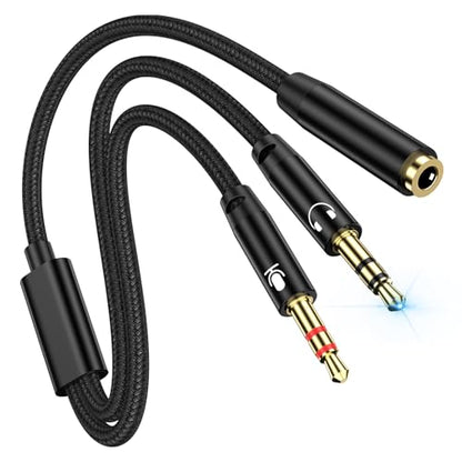PC Headset Splitter Cable 3.5mm Mic AUX Audio Computer Headphone Microphone Splitter Compatible with Astro A10 A40, Turtle Beach, HyperX Cloud SteelSeries, Sennheiser, Razer Gaming Smartphone Headsets