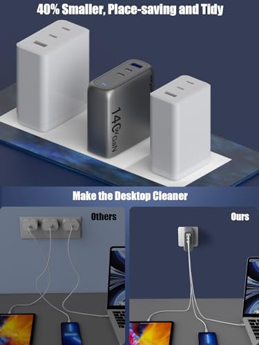 140W GaN+ USB C Charger 100W Laptop Fast Charger PD3.1 PPS 3-Port USB C Wall Charger Power Adapter for MacBook Pro 16'', Dell XPS, iPhone 16/15 Pro Max, iPad Pro, Tablet, Chromebook (Gray)