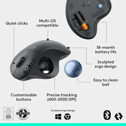 Logitech Ergo M575S Wireless Bluetooth Trackball Mouse - Graphite Blue Ball | Easy thumb control, precise and smooth tracking, Bluetooth and includes Logi Bolt USB receiver, PC Mac compatible - color: Graphite + Blue Ball