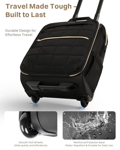 Rolling Puffer Backpack for Women, Wheeled Laptop Backpack, Short-Term Travel Backpack with Wheels, Roller Adults Work Computer Bag, Water Resistant Overnight College Underseat Carry on Luggage, Black - color: Black