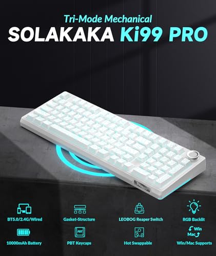 SOLAKAKA KI99 Pro 96% Wireless Mechanical Keyboard, RGB Gaming Keyboard, Hot-Swappable Pre-Lubed Switches, Gasket Structure Creamy Keyboards (Contour-Style White, Non-Silent Version) - color: Contour-Style White, size: Non-Silent Version