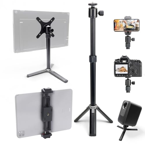 Kado Metal Portable Monitor Tablet Stand Tripod, Adjustable Height & Angle | 100x100mm 75x75mm Wall/Arm Mount Clamping, 360° Ball Head and 1/4" Screw Compact for Phone, Tablet, Projector, Camera, Webcam