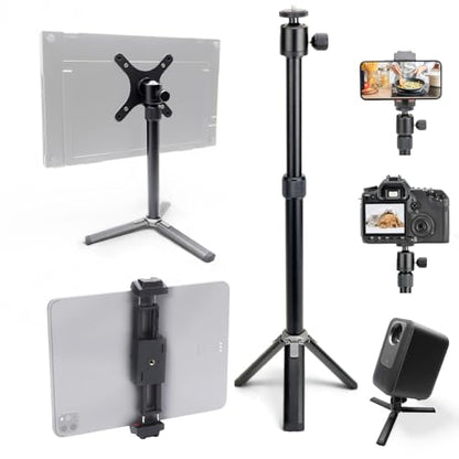 Kado Metal Portable Monitor Tablet Stand Tripod, Adjustable Height & Angle | 100x100mm 75x75mm Wall/Arm Mount Clamping, 360° Ball Head and 1/4" Screw Compact for Phone, Tablet, Projector, Camera, Webcam