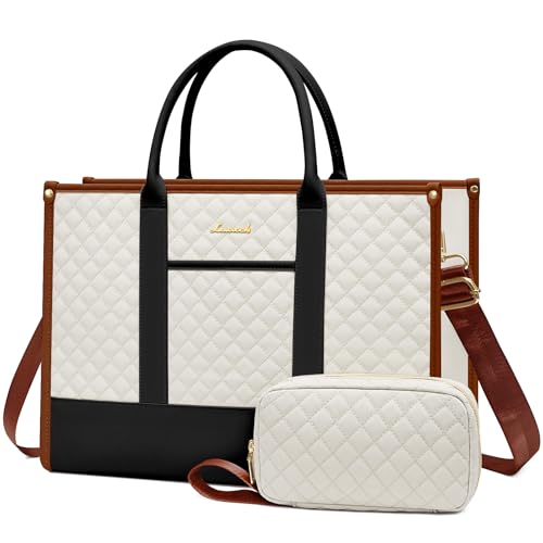 LOVEVOOK Laptop Bags for Women, 17 inch Waterproof Work Tote Bag with Clutch, Professional Teacher Computer Purse Lightweight Shoulder Bag Travel, Black White Brown - color: Black White Brown, size: 17 inch
