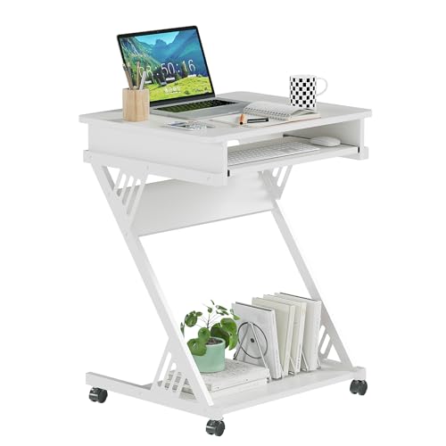 ALISENED Computer Desk for Small Spaces Compact Desk with Keyboard Tray | 23.6" Z-Shaped, with Wheels and Bottom Shelves, for Home Office, Computer Cart Mobile Laptop Cart, White - color: White