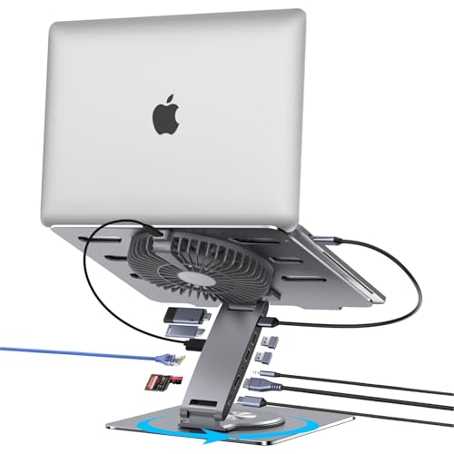 Laptop Docking Station Stand with Fan Aluminum Laptop Riser with USB-C Hub 11-IN-1 4K60Hz HDMI 100W PD Charging USB3.0 Ethernet Audio TF/SD, 360° Swivel, for MacBook Pro/Air, iPad Pro & Type-C Laptops - size: 11-in-1 Hub Stand