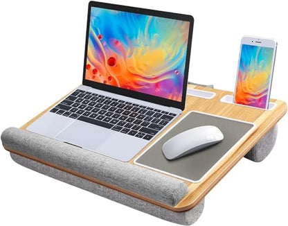 HUANUO Lap Desk - Fits up to 17 inches Laptop Desk, Built in Mouse Pad & Wrist Pad for Notebook, Laptop, Tablet, Lap Stand with Tablet, Pen & Phone Holder, Wood Grain - color: Light Brown Woodgrain