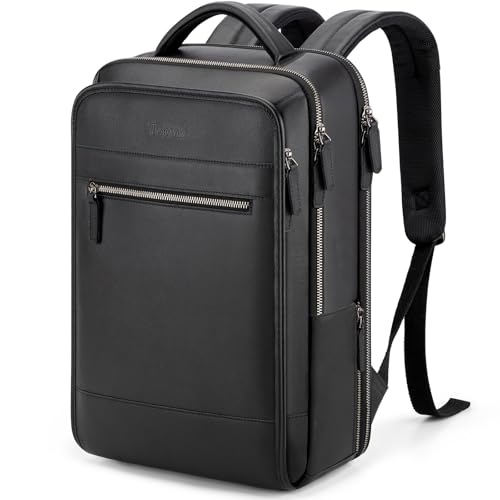 Tzowla Leather Laptop Backpack, Bag for Men and Women,Business Travel Work Rucksack Fits 15.6 Inch Laptop,Bookbag with USB and Type-C Charging Port-Black - color: Black