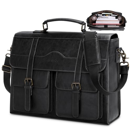RAINSMORE Mens Messenger Bag 17/18 Inch Vintage Leather Laptop Briefcase | Large Laptop Bag, Satchel Computer Shoulder Bag for Office, Work, Travel, College - color: Black
