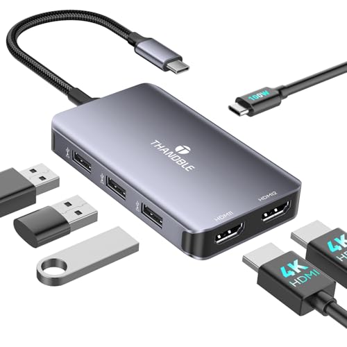 4K@60Hz USB C to Dual HDMI Adapter, 6 in 1 Docking Station Dual Monitor, 3*USB-A Data Ports, 100W PD, HDMI Splitter Extended Display Laptop USB C Hub for MacBook Neo/Air/Pro, HP, Dell and More - color: Gray