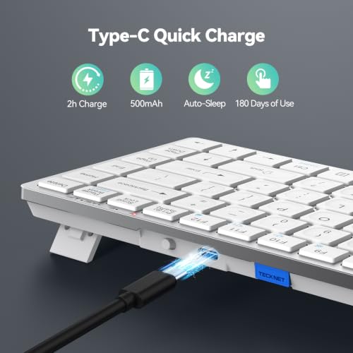 TECKNET Bluetooth Keyboard Rechargeable, 4-Device (2.4G+3BT) Wireless Keyboard, Small Ultra-Slim Keyboard, 14 Hotkeys Computer Keyboard for PC/Laptop/Tablet/iPad, Silvery-White - color: Silvery-white