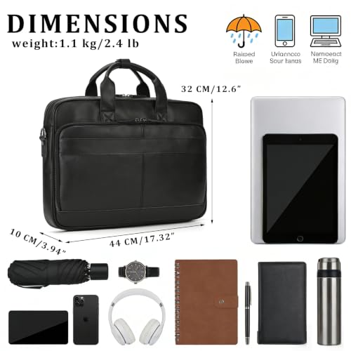 Leather Laptop Bag for Men Briefcase Fits 15.6 Inch Notebook Portable Shoulder Messenger Crossbody Bag for Travel Office - color: Black