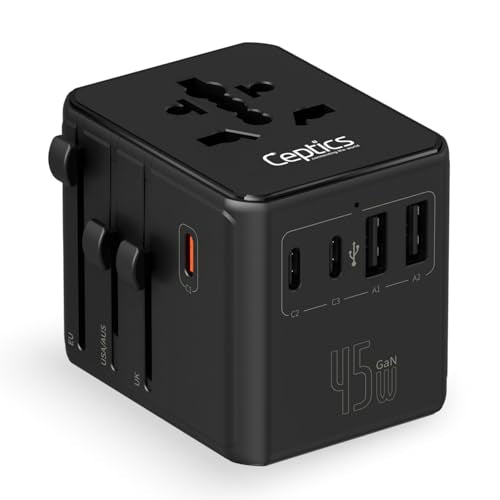 Ceptics 8 in 1 Universal Travel Adapter for EU, UK, US, AU and More, World Travel Adapter, 2X US Socket, Universal Socket, 3X USB-C and 2X USB-A, 45W Fast Charge – UP-45KU-BL - color: Black