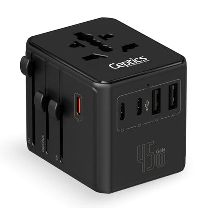 Ceptics 8 in 1 Universal Travel Adapter for EU, UK, US, AU and More, World Travel Adapter, 2X US Socket, Universal Socket, 3X USB-C and 2X USB-A, 45W Fast Charge – UP-45KU-BL - color: Black