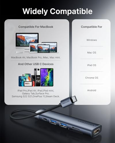 VENTION USB C Hub, 6-in-1 Laptop Docking Station Dongle Adapter with 4K HDMI, PD 100W Charging, USB 3.0 Ports, SD/TF Card Reader, Portable Aluminum Plug & Play for MacBook Pro, Laptop/HP/DELL