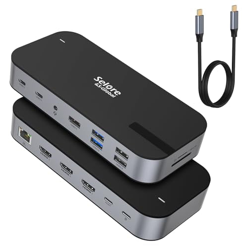 Selore 3 HDMI Docking Station Triple Monitor Docking Station 3 Monitors | USB C Dock, Triple HDMI, Triple 4K Display, 10Gbps Tata Transfer, 100W PD Charging, USB C Hub, USB C Dongle for Windows macOS - color: Black Gray