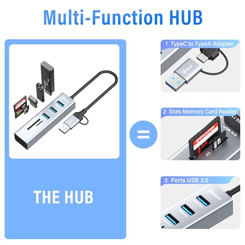 3-Port USB C 3.0 Hub Splitter with USB A Adapter, SD/TF OTG Card Reader, Portable 5 in 1 Multi Ports USB Expander for PC, Laptop, MacBook, Xbox, Flash Drive, HDD, Console,Camera