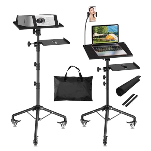 Projector Stand Tripod Laptop Tripod on Wheels with 2 Shelves | 26 to 49 Inch Adjustable Height, Portable Podium Stand with Gooseneck Phone Holder for Office, School, Home, DJ Racks