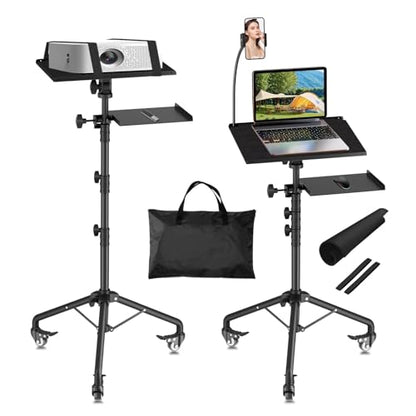 Projector Stand Tripod Laptop Tripod on Wheels with 2 Shelves | 26 to 49 Inch Adjustable Height, Portable Podium Stand with Gooseneck Phone Holder for Office, School, Home, DJ Racks