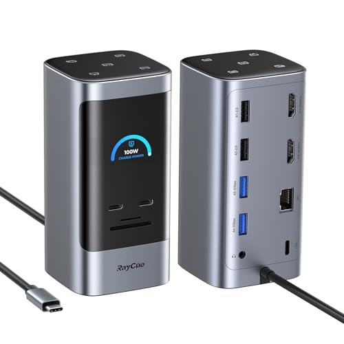 RayCue 14 in 1 Docking Station Dual Monitor, 2 * 4K HDMI, 6 USB Ports, 5 Shortcut Button, 1Gbps Ethernet, PD3.0(No Power Adapter), Laptop Docking Station for Dell/HP/Lenovo/Asus/Acer/Mac - color: 14