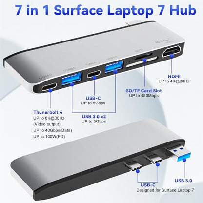 Surface Laptop 7 USB Hub Docking Station, Surface Laptop 2024 Accessories with 4K HDMI, USB-C Thunerbolt 4 (8K Display+40G Data+100W Charging), 2 USB 3.0, USB-C, SD/TF, hub for Surface Laptop 7 (2024) - color: For Surface Laptop 7