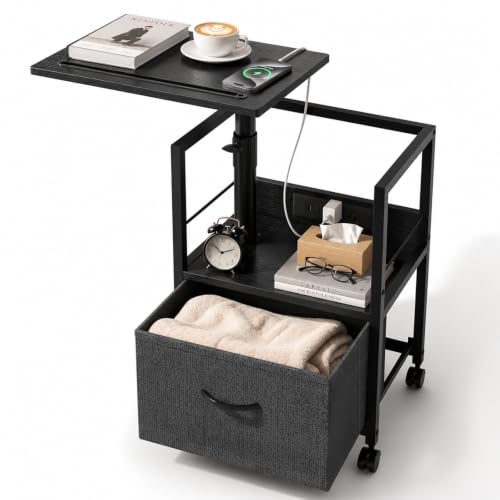 Faesun Swivel Lift Top Nightstand with Charging Station, Rolling Side Table for Recliner, Bedside Table with Wheels & a Fabric Drawer, for Small Spaces, for Bedroom, Living Room, Black Gray - color: 07- Black Gray, size: 1 Drawer