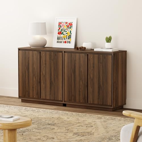 EYYTHUNG Buffet Storage Cabinets Set of 2, Sideboard Accent Cabinet with Adjustable Shelves and Handless Design, Credenza Console Table for Living Room, Brown - color: Brown, size: 2 PCS