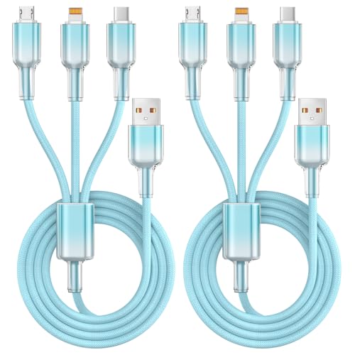 Multi Charging Cable, 3 in 1 Chargers for Multiple Devices, 48 Braid Universal Charger Cord with USB-C/IP/Micro, Multi Charger Cable for iPhone17-11/ Android / Pad (2Pack 4FT),Travel/Car/Cruise/Beach - color: Light Blue, size: 4FT 2Pack