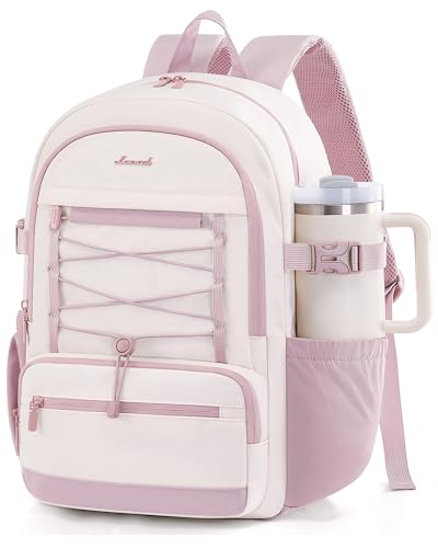 LOVEVOOK School Backpack for Teen Girls, Large Capacity College Bookbag with Water Bottle Holder, Cute Laptop Backpack Purse for Women, Lightweight Casual Daily Backpack, Gift for Her, Beige-Pink - color: Beige-pink, size: 15.6inch