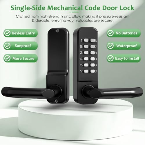 High-Security 12 Digit Keypad Mechanical Door Lock - Keyless Entry, Mechanical Code Lock with Handle, Waterproof & Rustproof, No Battery, Easy to Install, BH-MDLS0020202 - color: Matte Black - Round