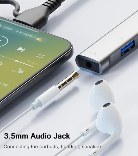 USB C Hub USB 3.0 Hub with 3.5mm Headphone Aux Jack, 5-in-1 USB C to USB Adapter USB C Splitter with 15W PD, USB 3.0, USB 2.0, USB C Ports, USB C Dongle for MacBook Air/Pro,XPS,iMac,iPad Pro