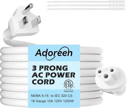 Adoreen Mickey Mouse Replacement Laptop Power Cord 15 Ft White, Seamless 5-15P to IEC 320 C5 3-Prong Universal AC Printer Cable for PC Notebook Charger Dell HP LG TV Monitor, 18AWG 125V, ETL +Ties - size: 15FT, style: Straight to Straight