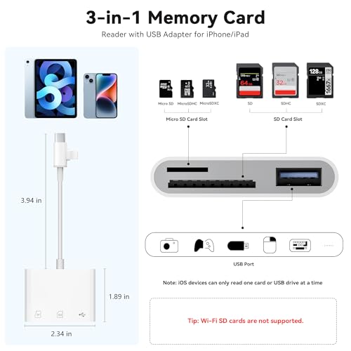 SD Card Reader for iPhone iPad, Micro SD Card Reader Memory Card Reader with USB Adapter Plug and Play Trail Game Camera Card Viewer Supports SD and TF Card No App Required - color: Paper white